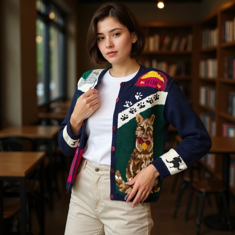 Vintage Alexandra Bartlett Eagle's Eye‎ Cat Cardigan Sweater Navy Blue Large